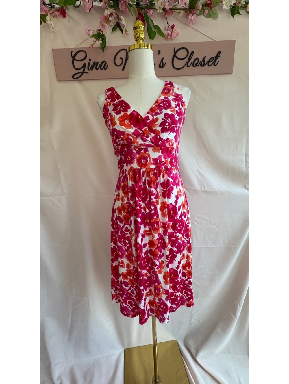 Chaps Women's Floral Sleeveless V-Neck Dress Size Small White Pink Red